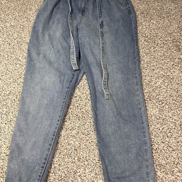 Women's Size 12 High Waist Paperbag Jeans Blue Frayed Hem Tie Belt - Picture 1 of 7